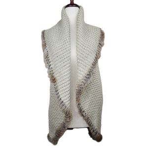 Alberto Makali Neutral Knit Wool Blend Open Front Cardigan Rabbit Fur Trim Large